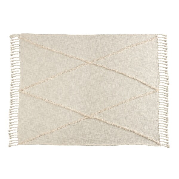 Tufted Diamond Fringed Cotton Throw Blanket by LR Home Bed Bath